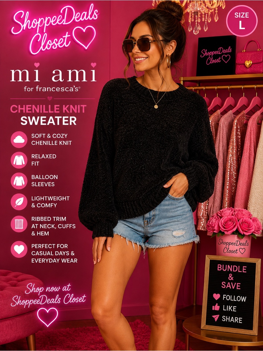MiAmi for Francesca’s Black Chenille Knit Sweater Size L Balloon Sleeve